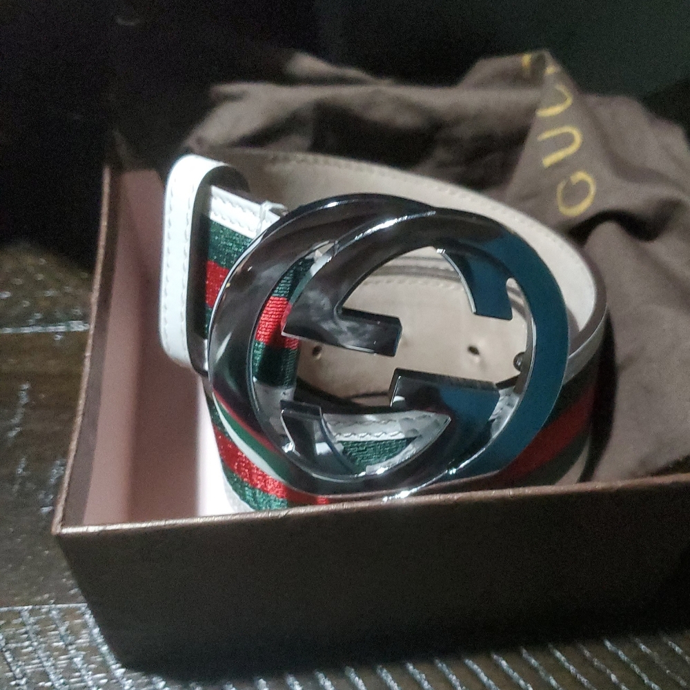 White green red striped. Gucci Belt with silver buckle and tan back